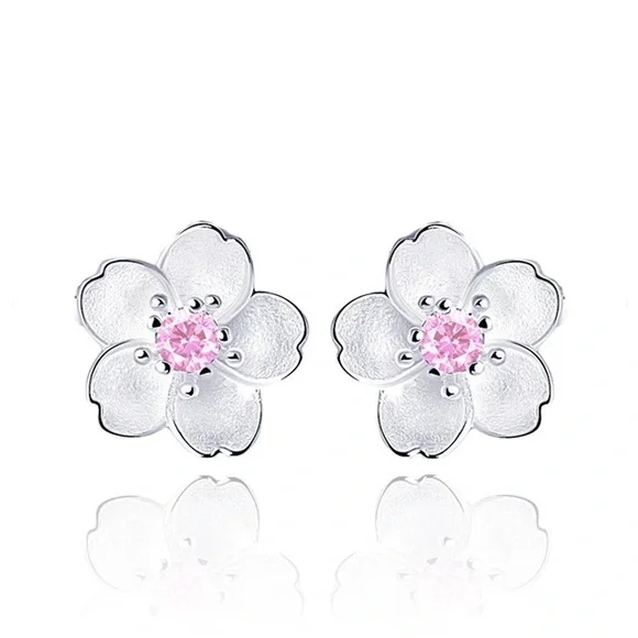 925 Sterling Silver Petite Cherry Blossom Sakura Silver Flowers Pink Diamanté - Picture 4 of 5